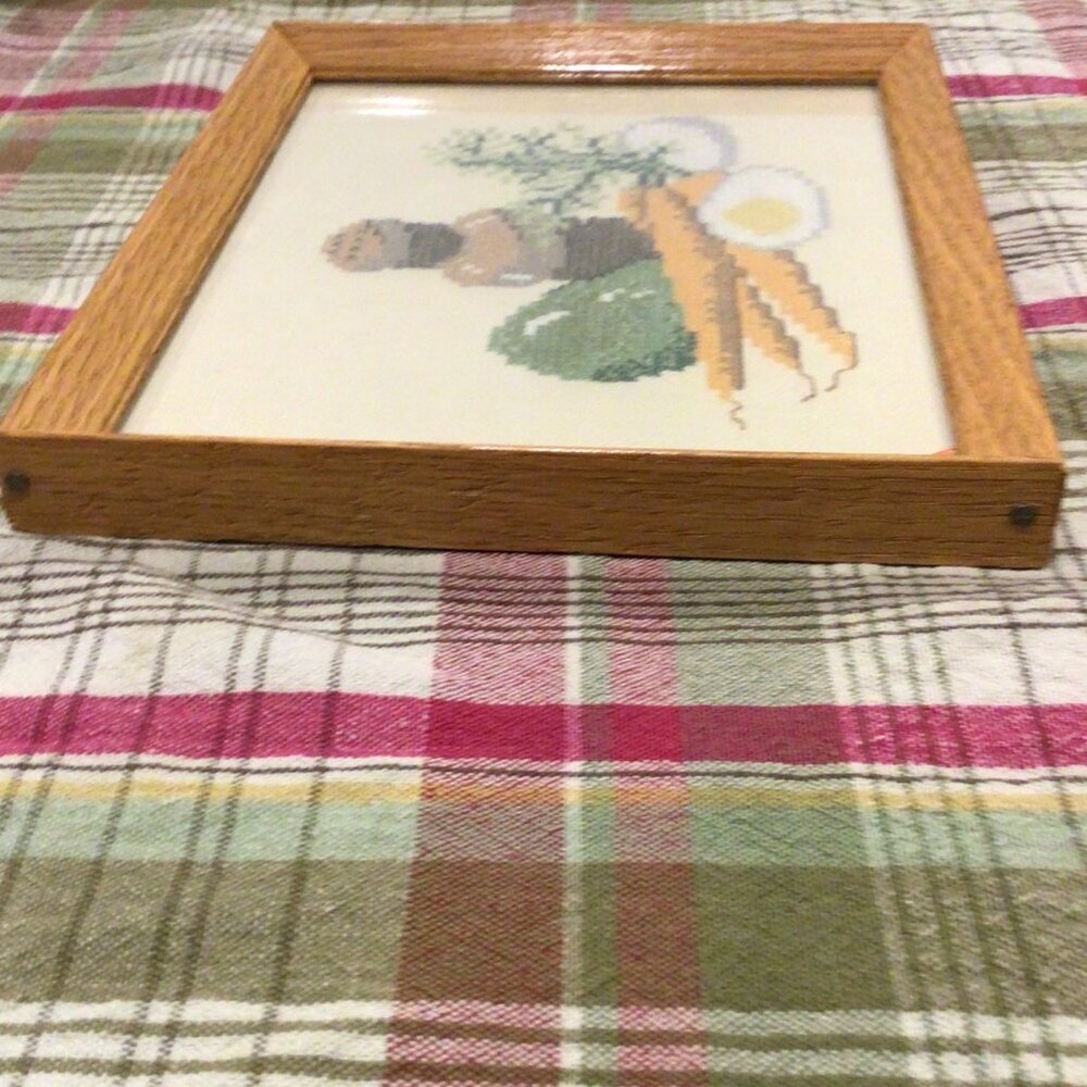 Framed Cross-Stitch Wall Art Garden Vegetables, Spice Bottle, Eggs Vtg. 1970s - Picture 4 of 6
